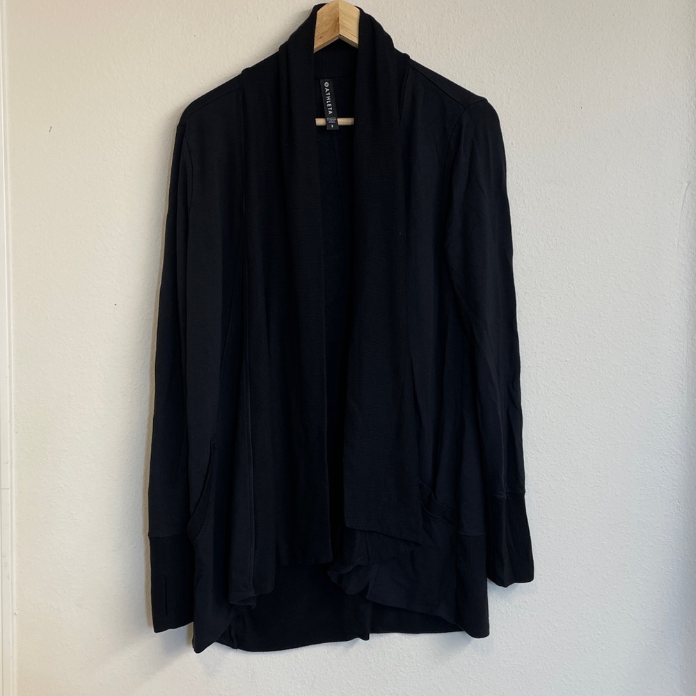 Athleta Pranayama Wrap Cardigan Small Black Thumb Hole Heavy Modal Blend Pockets - Picture 1 of 13